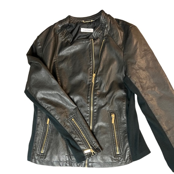 Calvin Klein Jackets & Blazers - Calvin Klein Black leather Moto Jacket w Gold Zipper/Cuffs/ Pockets & Closure M